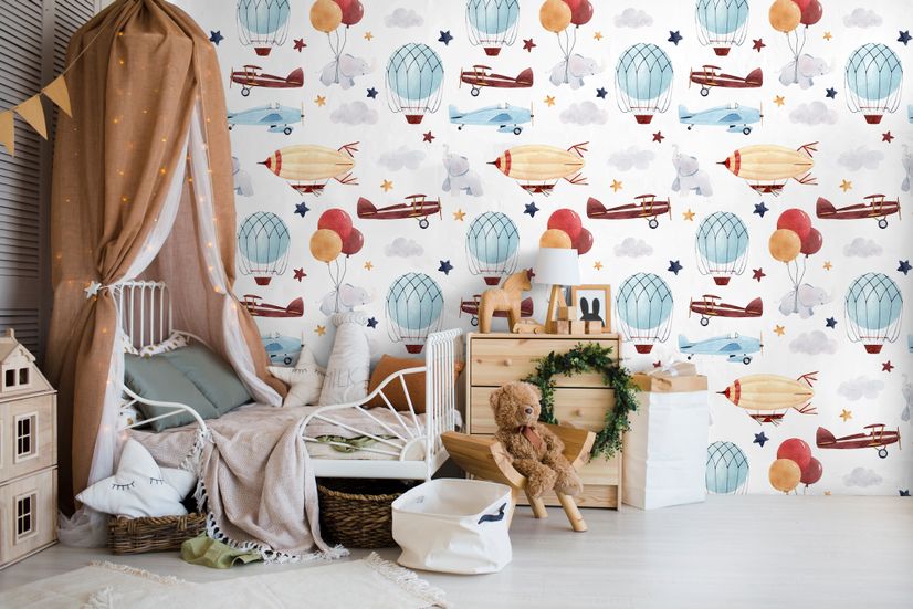 Kids Vintage Hot Air Balloon and Aircraft Pattern Wallpaper Mural