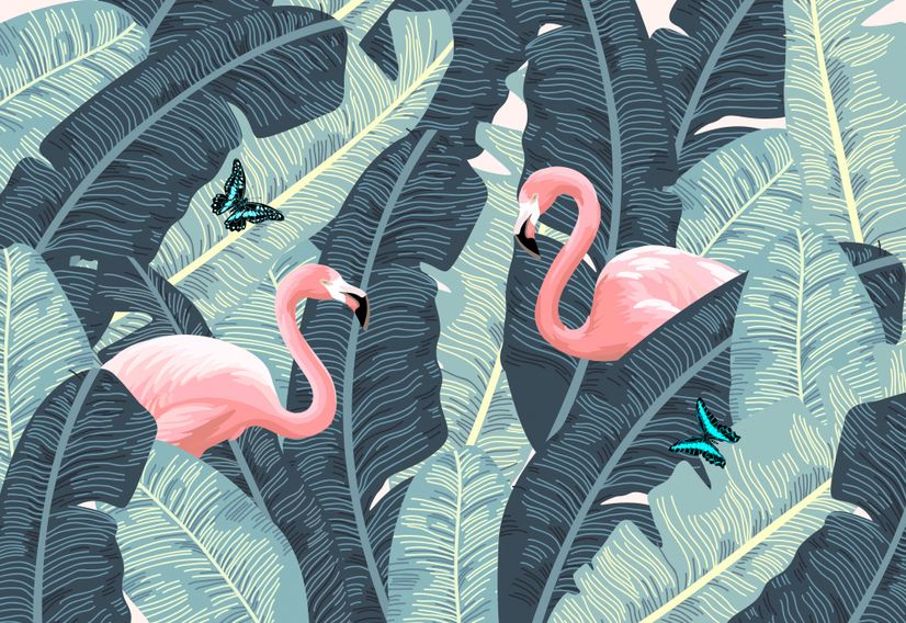 Tropical Banana Leaf with Pink Flamingo Wallpaper Mural