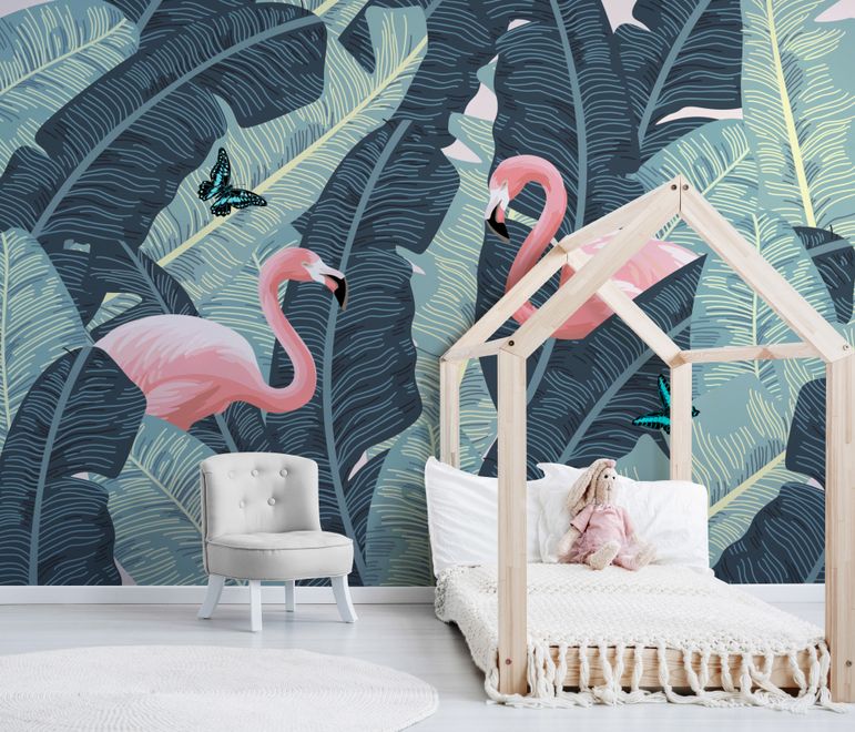 Tropical Banana Leaf with Pink Flamingo Wallpaper Mural