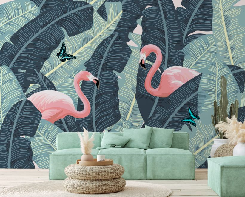 Tropical Banana Leaf with Pink Flamingo Wallpaper Mural