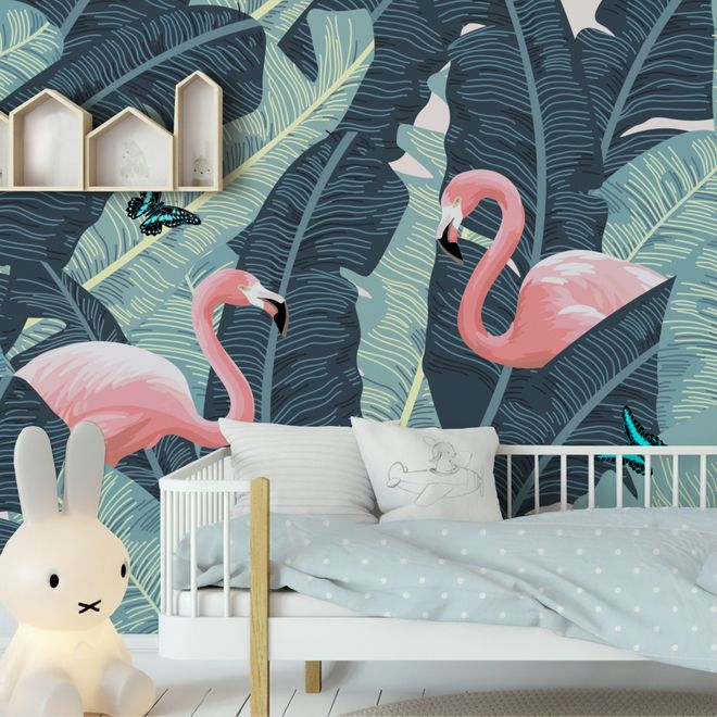 Tropical Banana Leaf with Pink Flamingo Wallpaper Mural