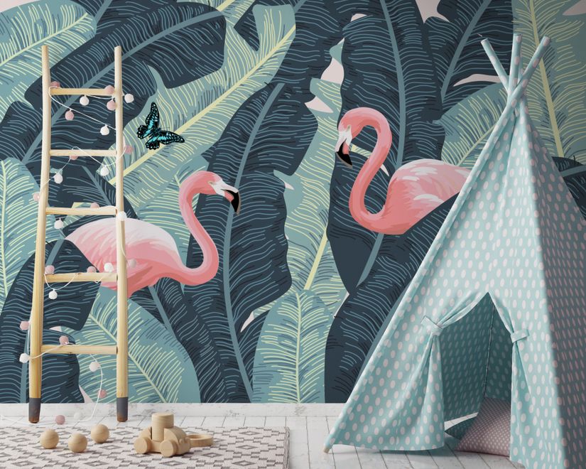 Tropical Banana Leaf with Pink Flamingo Wallpaper Mural
