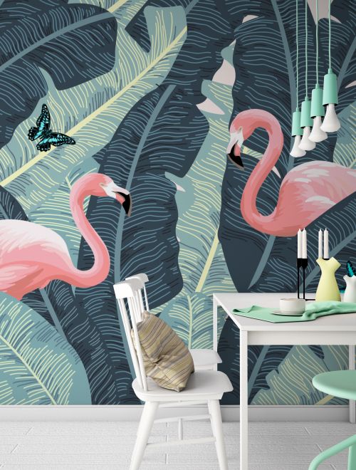 Tropical Banana Leaf with Pink Flamingo Wallpaper Mural