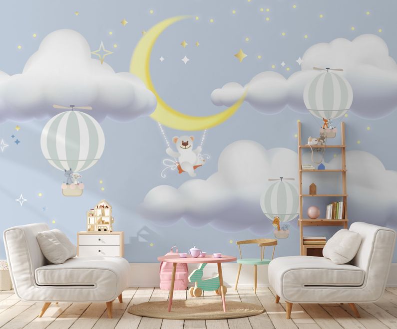 Kids Cartoon Cloud and Yellow Moon Wallpaper Mural