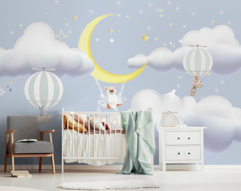 Kids Cartoon Cloud and Yellow Moon Wallpaper Mural