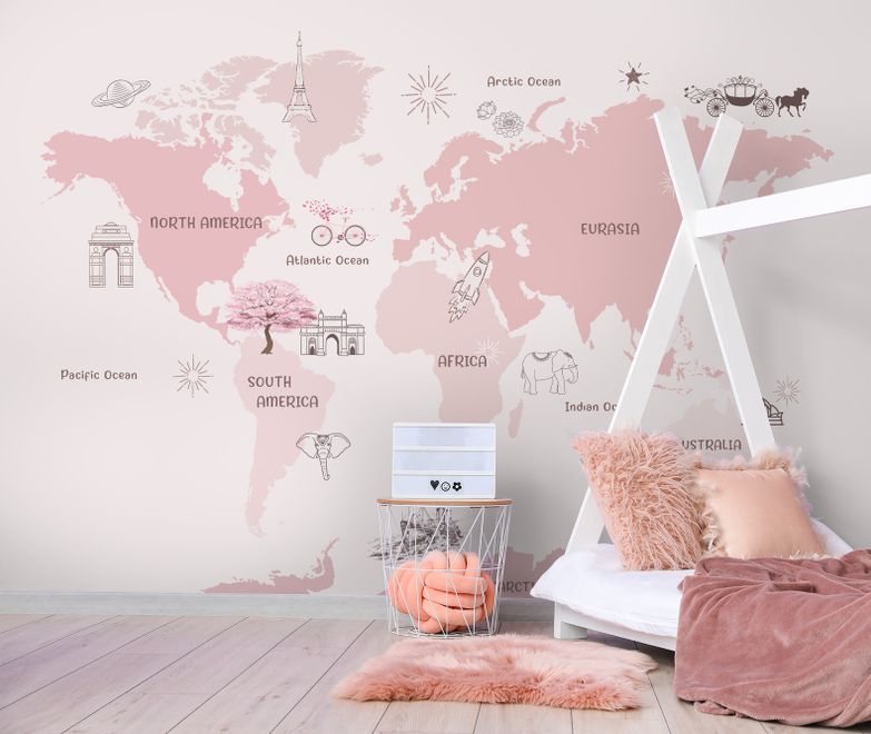 For Girls Pink Monochrome World Map Wallpaper Mural