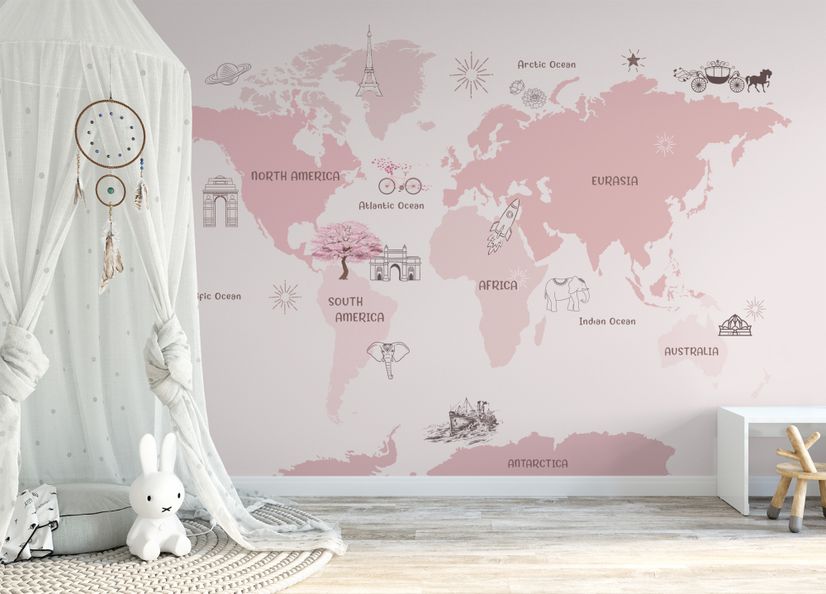 For Girls Pink Monochrome World Map Wallpaper Mural