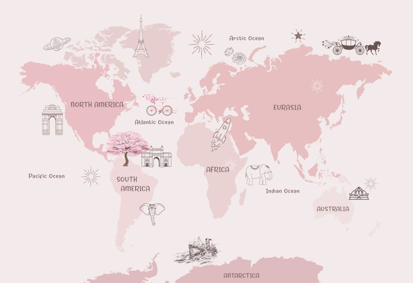 For Girls Pink Monochrome World Map Wallpaper Mural