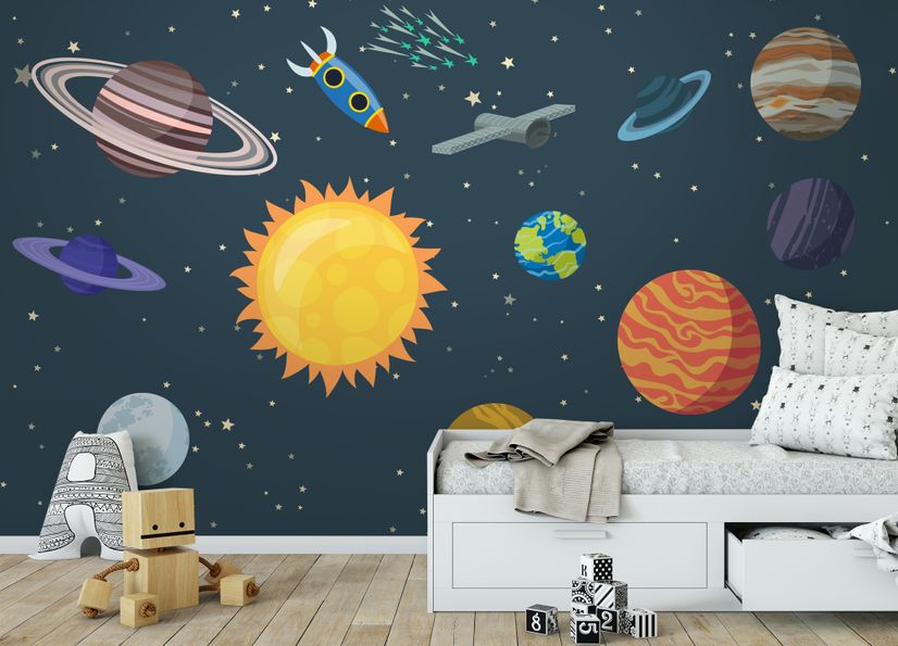 Kids Boys Watercolor Space and Solar System Wallpaper Mural