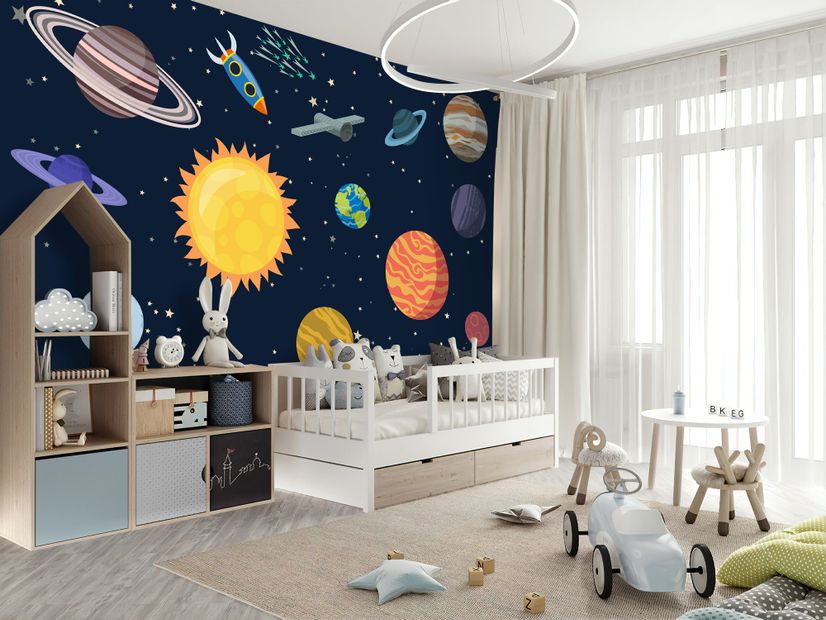Kids Boys Watercolor Space and Solar System Wallpaper Mural