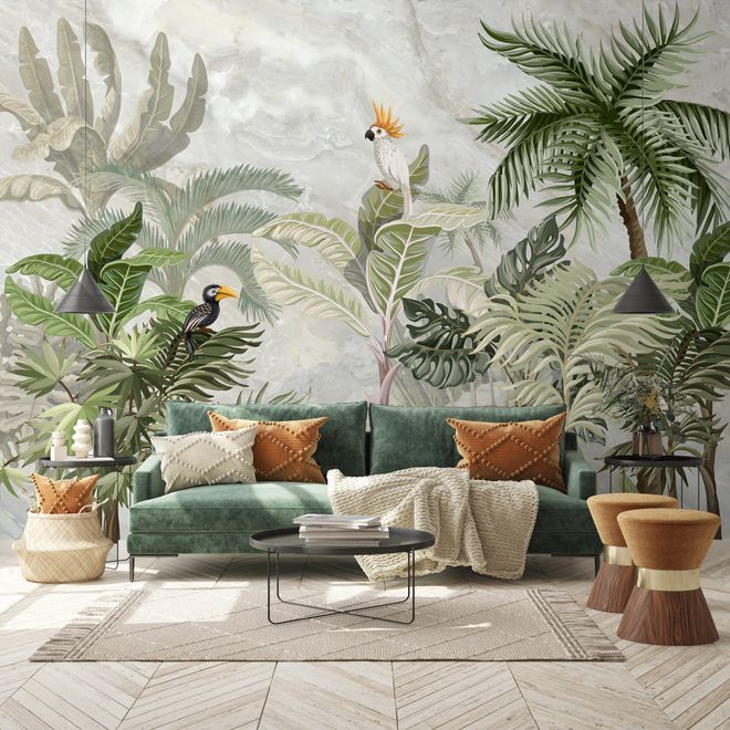 Green Tropical Forest with Parrot Wallpaper Mural