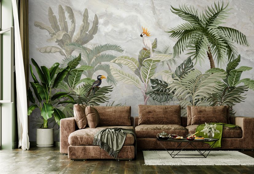 Green Tropical Forest with Parrot Wallpaper Mural