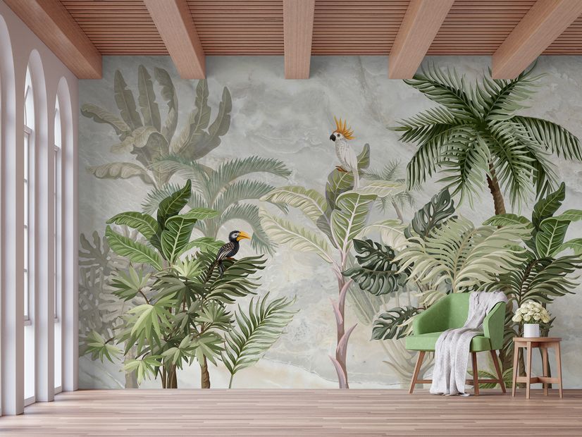 Green Tropical Forest with Parrot Wallpaper Mural