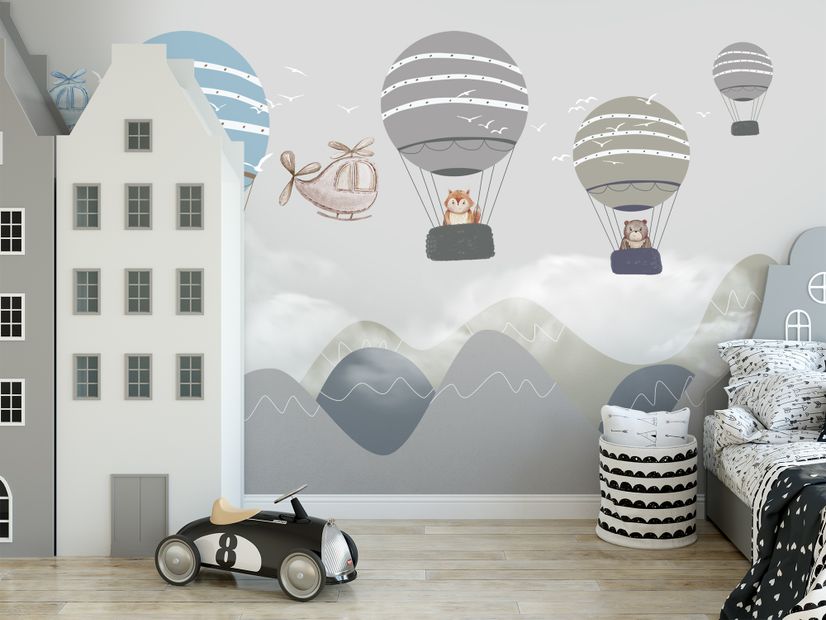 Kids Cartoon Hot Air Balloon and Airplane Wallpaper Mural