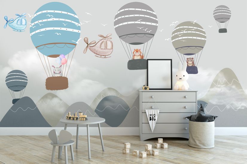 Kids Cartoon Hot Air Balloon and Airplane Wallpaper Mural