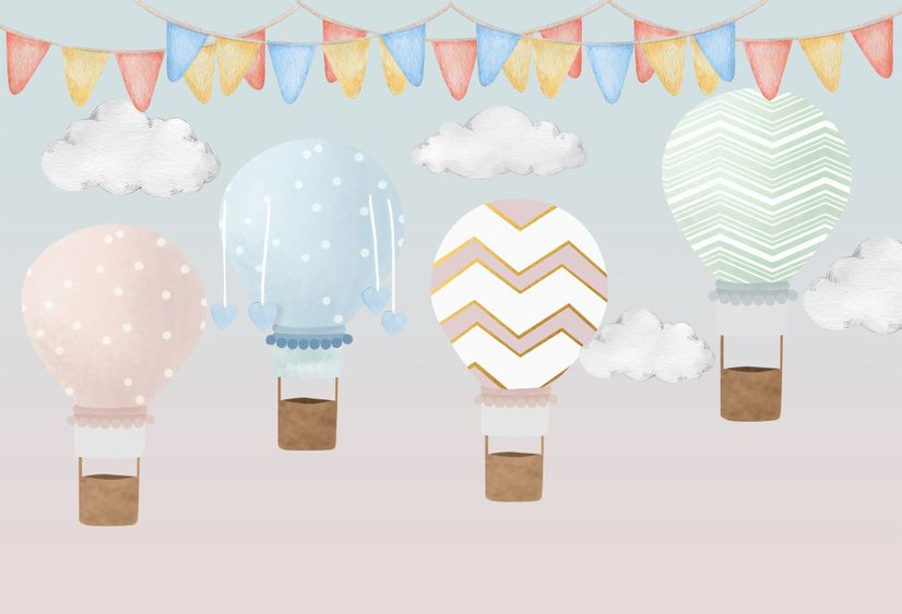 Kids Colorful Hot Air Balloon with Watercolor Flags Wallpaper Mural