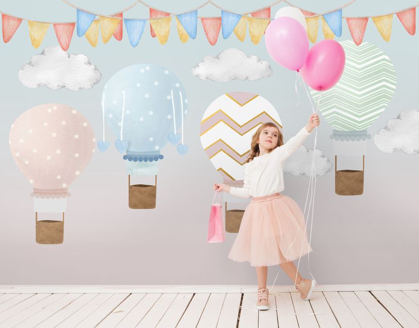 Kids Colorful Hot Air Balloon with Watercolor Flags Wallpaper Mural
