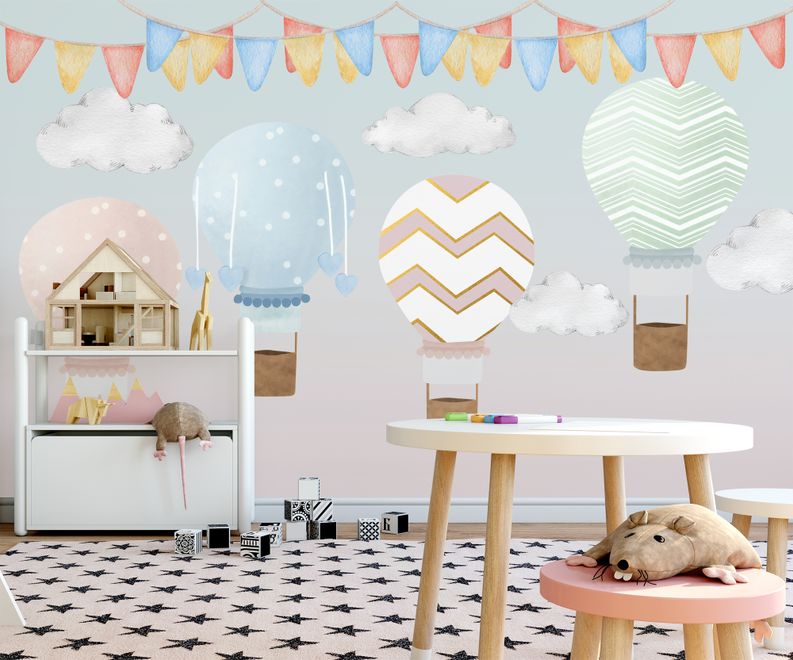 Kids Colorful Hot Air Balloon with Watercolor Flags Wallpaper Mural