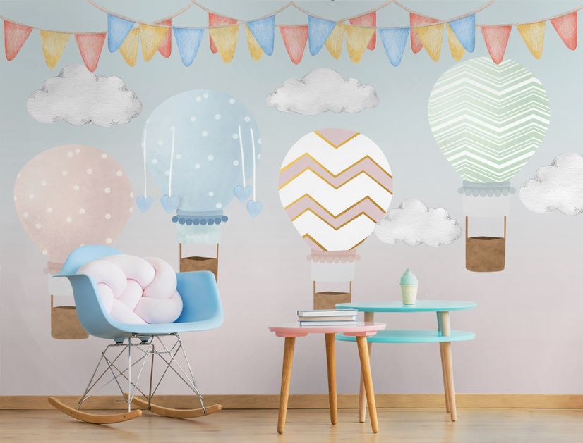 Kids Colorful Hot Air Balloon with Watercolor Flags Wallpaper Mural