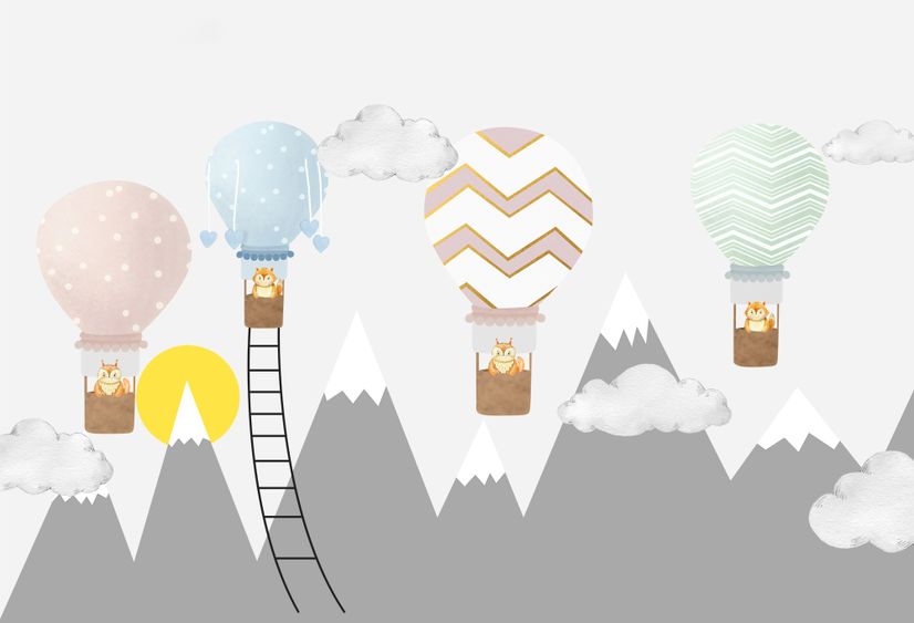 Kids Gray Mountain and Colorful Hot Air Balloon Wallpaper Mural