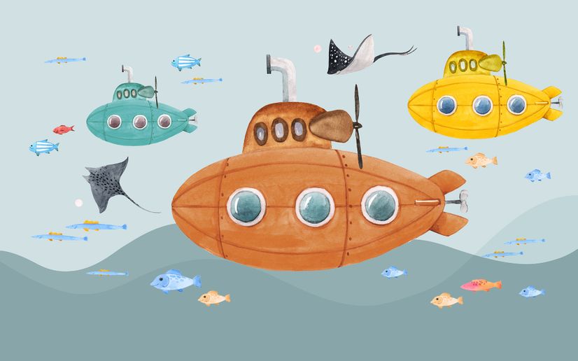 Kids Boys Watercolor Underwater with Submarine Wallpaper Mural