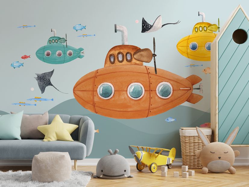 Kids Boys Watercolor Underwater with Submarine Wallpaper Mural