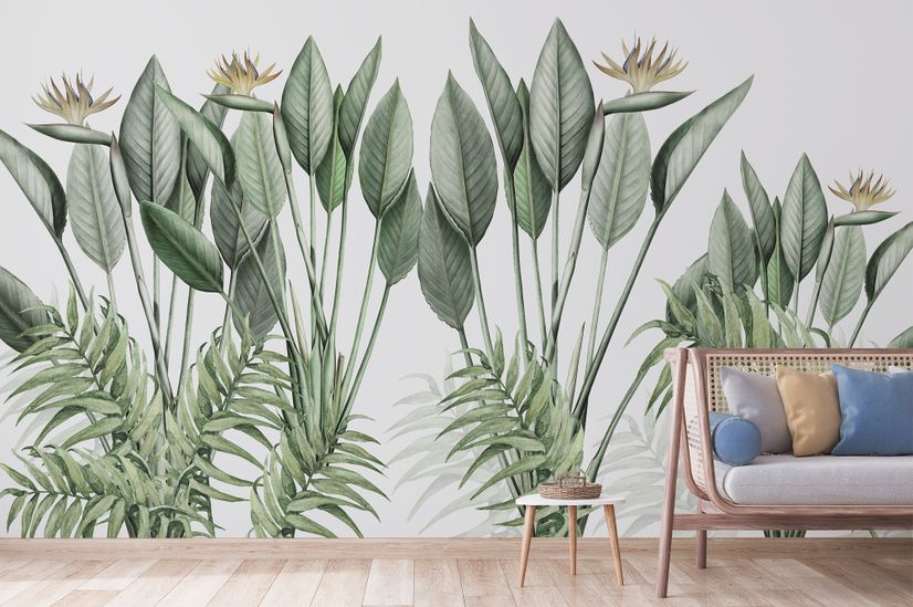 Vintage Palm Leaf and Colorful Birds Wallpaper Mural