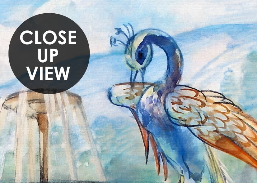 Painting Garden with Fountain, Peacock and Roman Column Wallpaper Mural