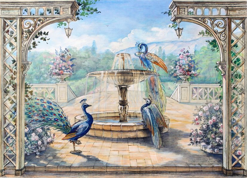 Painting Garden with Fountain, Peacock and Roman Column Wallpaper Mural