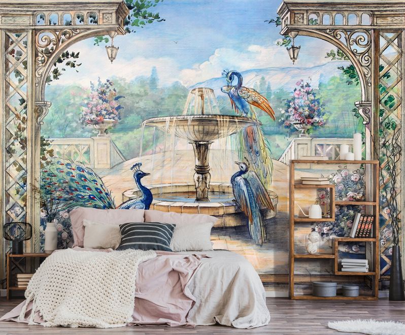 Painting Garden with Fountain, Peacock and Roman Column Wallpaper Mural
