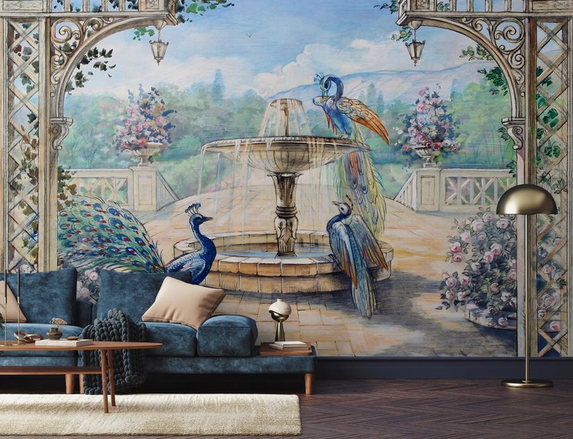 Painting Garden with Fountain, Peacock and Roman Column Wallpaper Mural