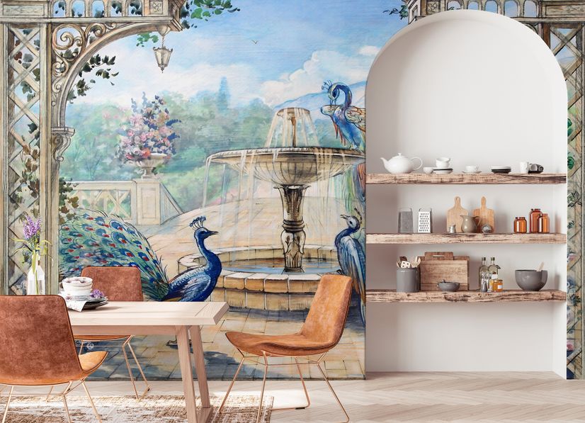 Painting Garden with Fountain, Peacock and Roman Column Wallpaper Mural