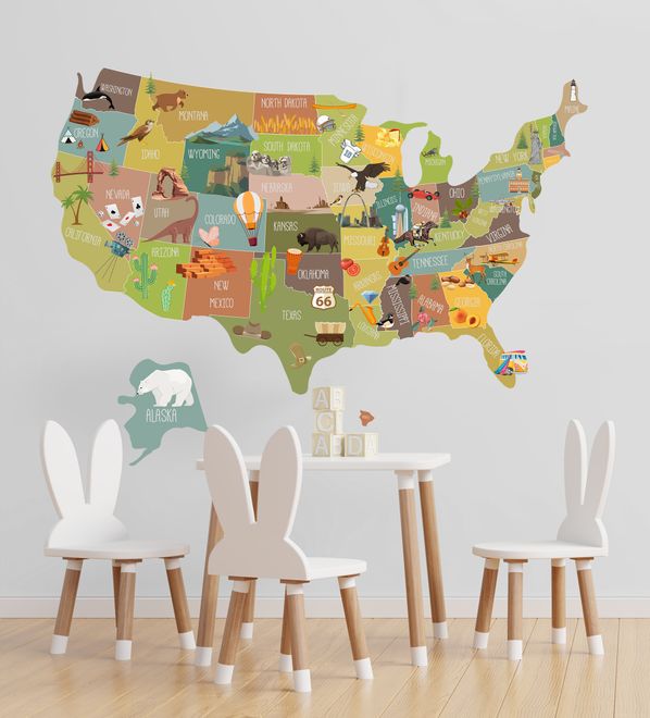 United States Map Wall Decal Sticker for Kids Room