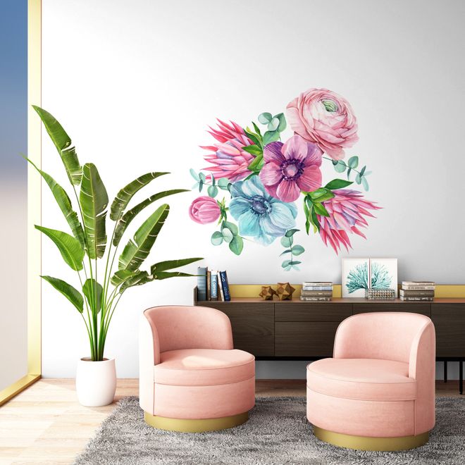 Watercolor Pink Peony Tulip Daisy Floral Bouqet Wall Decal Sticker