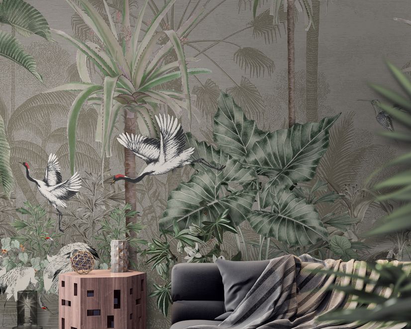 Retro Soft Forest with Stork Wallpaper Mural