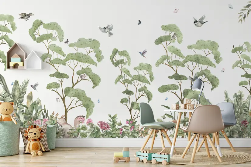 Kids Tropical Forest with Cute Rabbits Wallpaper Mural