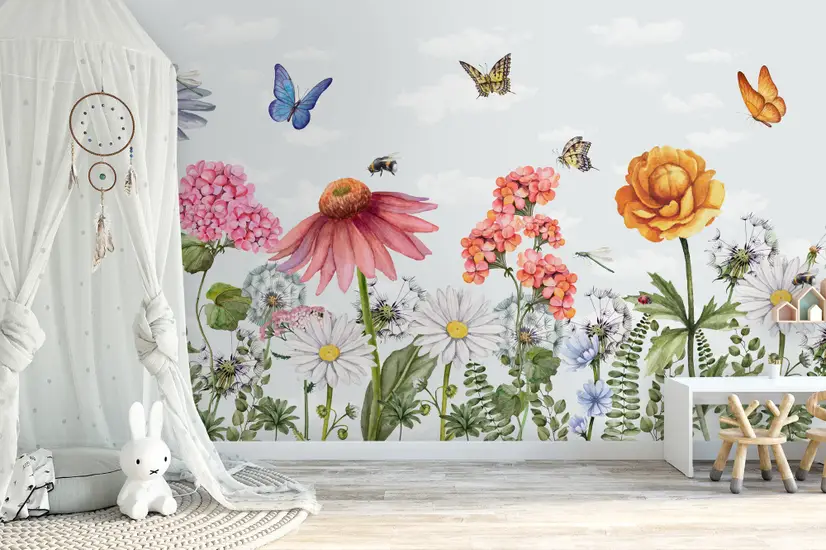 Kids Floral Gardens with Butterflies Wallpaper Mural