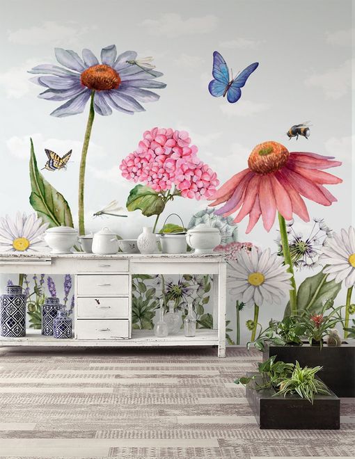 Kids Floral Gardens with Butterflies Wallpaper Mural • Wallmur®