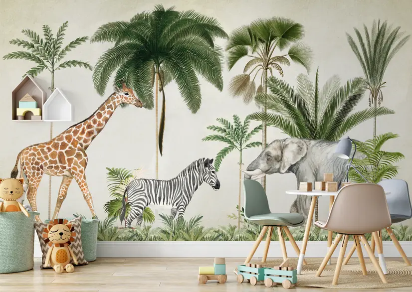 Kids Wild Tropical Animals with Palm Trees Wallpaper Mural