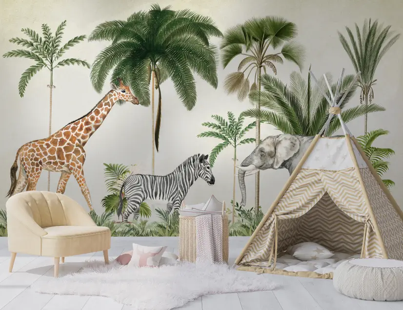 Kids Wild Tropical Animals with Palm Trees Wallpaper Mural