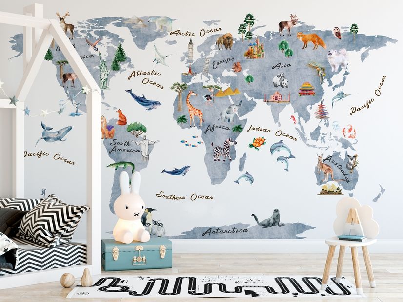 Animals on World Map Wallpaper Mural