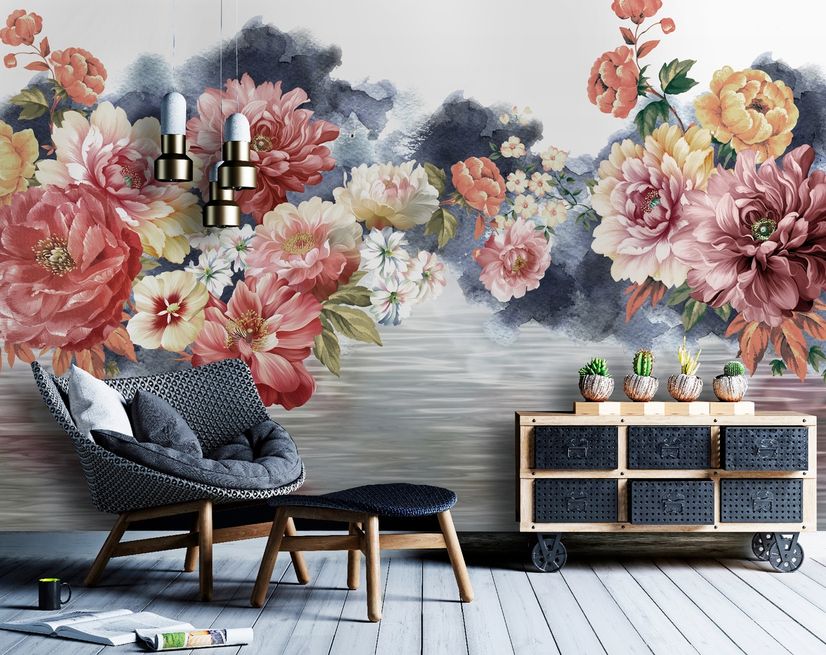 Flowers with World Wallpaper Mural