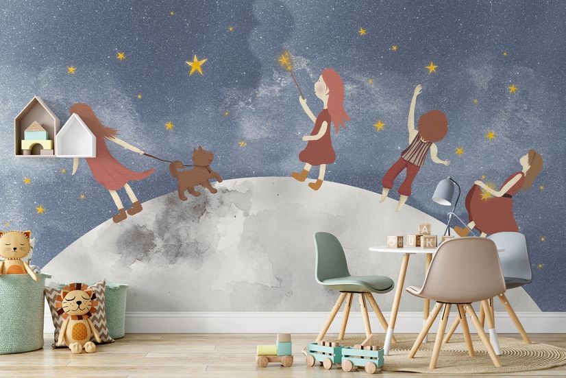 Girls on the Moon Kids Wallpaper Mural