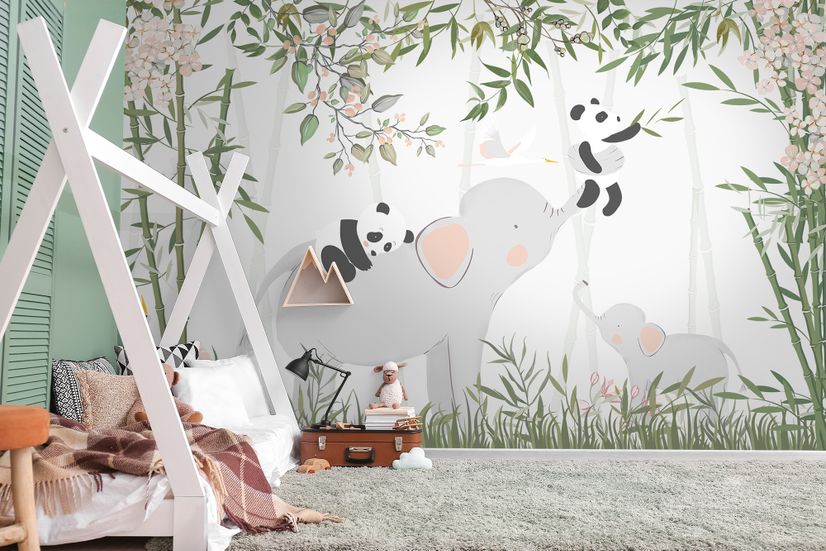 Panda Bear on Elephant Wallpaper Mural