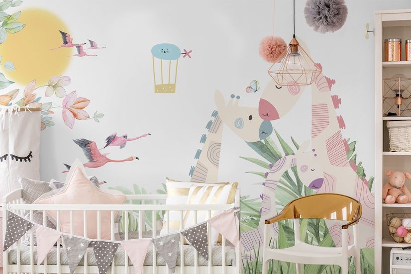 Nursery Tropical Landscape with Cute Girrafes Wallpaper Mural