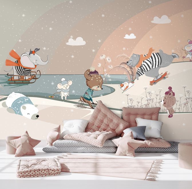 Nursery Snowy Landscape with Cute Cartoon Animals Wallpaper Mural