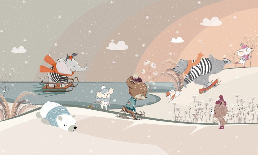 Nursery Snowy Landscape with Cute Cartoon Animals Wallpaper Mural