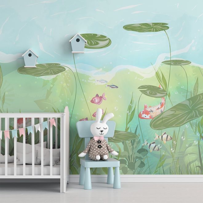 Nursery Lotus Leaf and Fish Wallpaper Mural