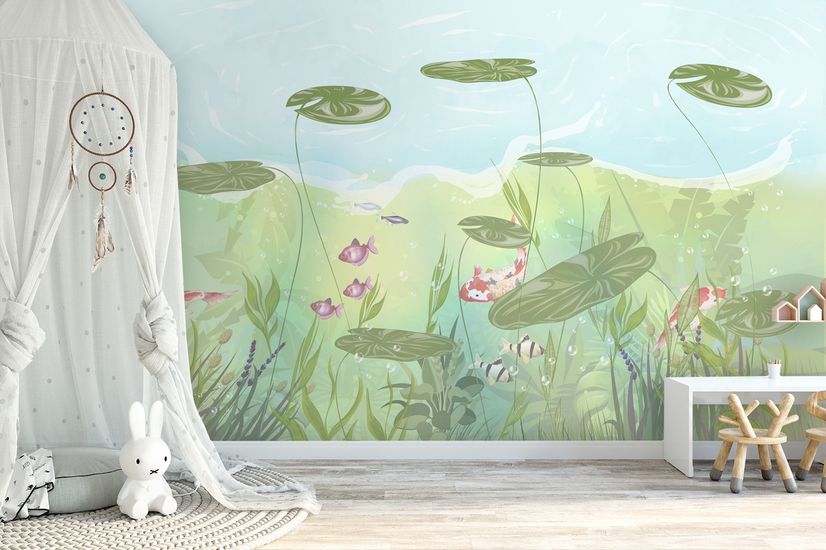Nursery Lotus Leaf and Fish Wallpaper Mural