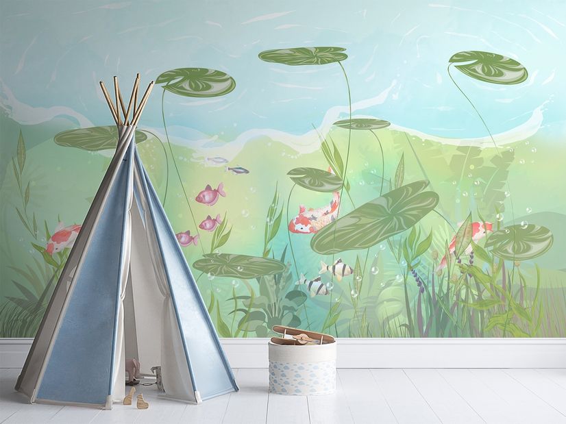 Nursery Lotus Leaf and Fish Wallpaper Mural